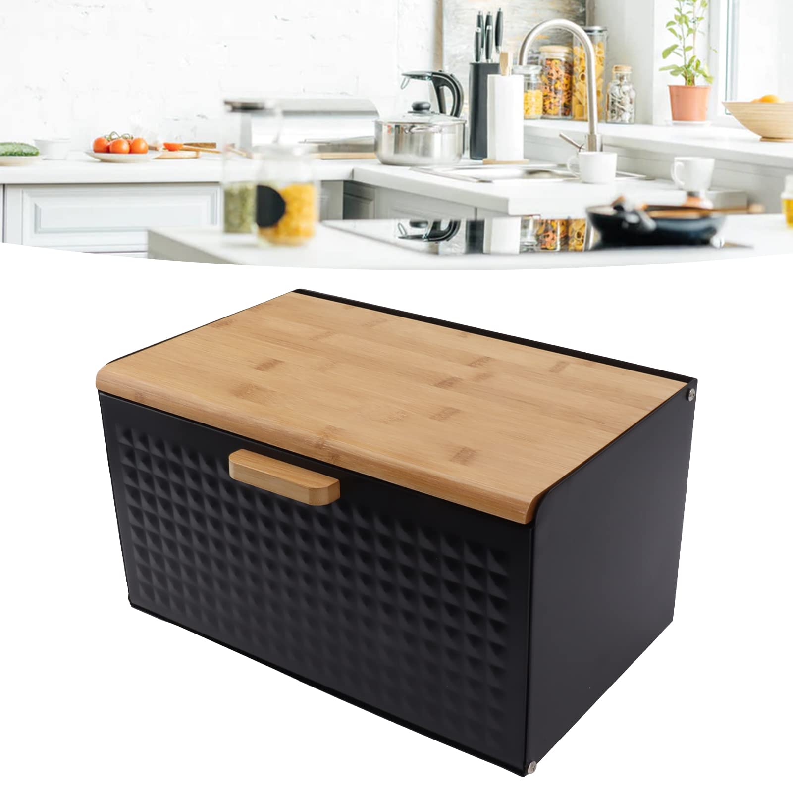 Fdit Wooden Bread Box Baking Overweight Storage Box Square Lid Bin Vintage Large Capacity Bamboo Wood Iron Bread Loaf Trash Garb