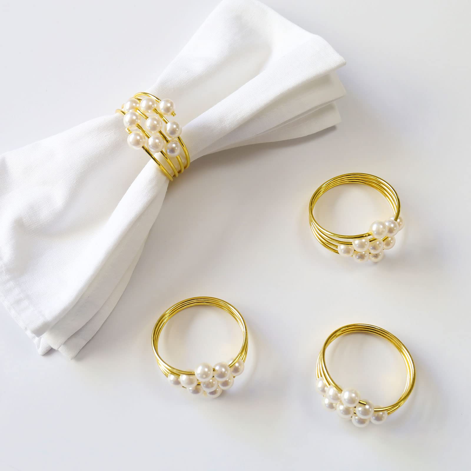 Thanksgiving Napkin Rings Set Of 12, Pearl Napkin Ring Holder For Tables, Holiday, Wedding Reception (Gold Pearls)