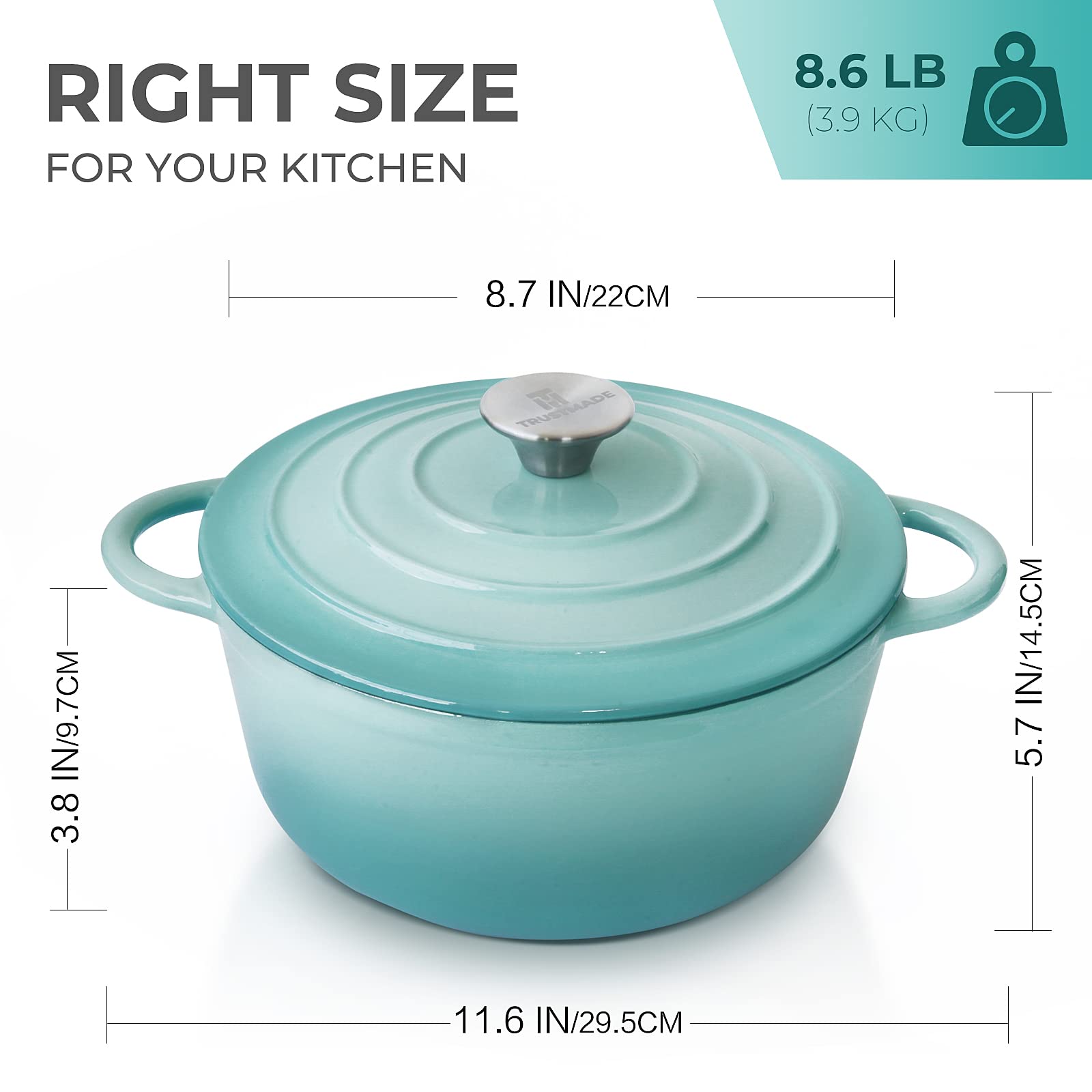 Trustmade 3 Qt Cast Iron Dutch Oven, Enamel Coated Cookware Pot With Self Basting Lid For Home Baking, Braiser, Cooking, Aqua