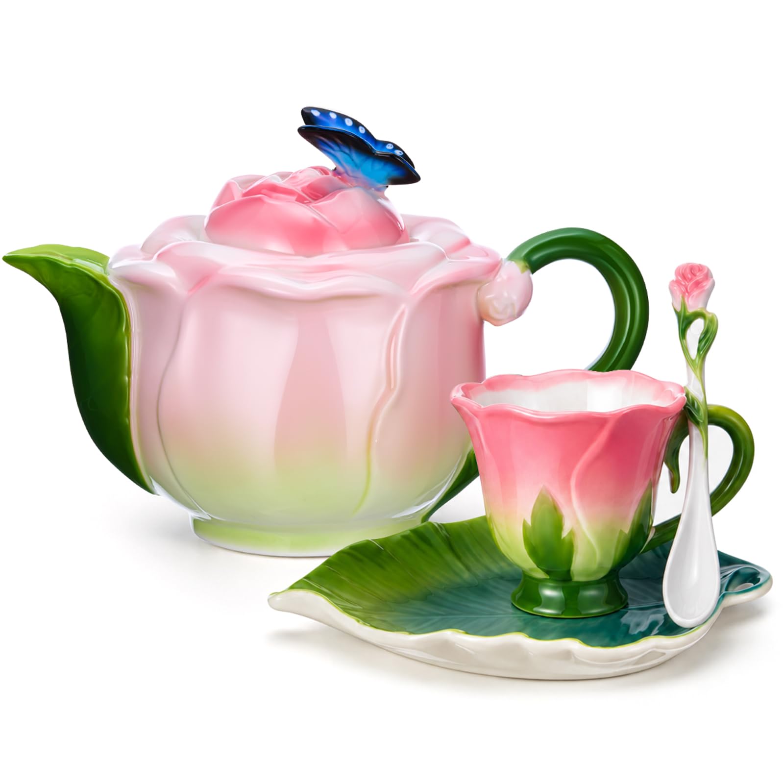Rose Flower Teapot and Cup Set  22oz Ceramic Decorative Teapot & 6.8oz Cup with Saucer & Spoon for Women, Pink Hand Painted Vin