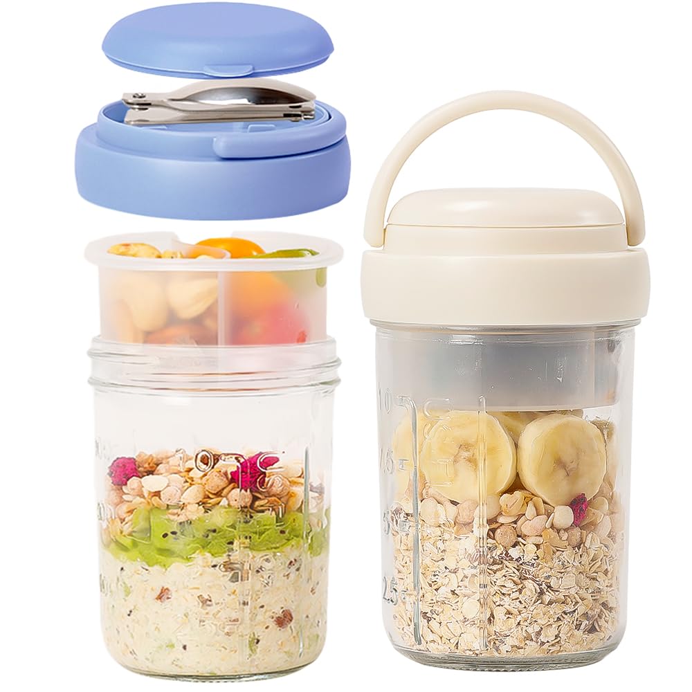 UWILLION Overnight Oats Containers with Handles, 16 oz Glass Mason Jars with Lids, Folding Spoons & Topping Compartments, Yogurt