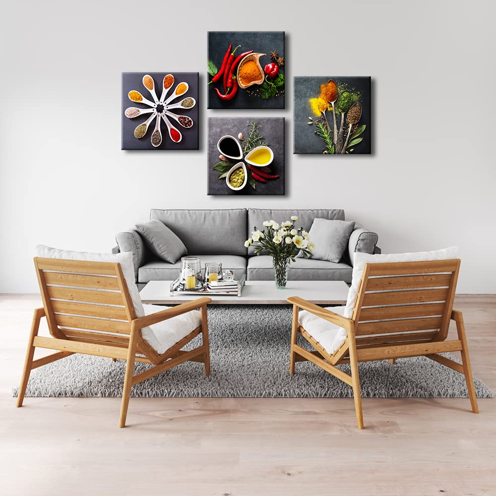 Pyradecor Large 4 Pieces Colorful Spices And Spoon Vintage Canvas Prints Still Life Paintings Pictures Canvas Wall Art For Livin
