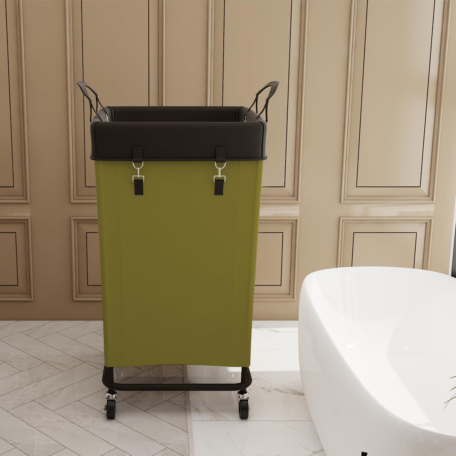 Flybox Laundry Hamper With Wheels, 160L Capacity, Steel Frame, Removable Canvas Bag, Dark Green
