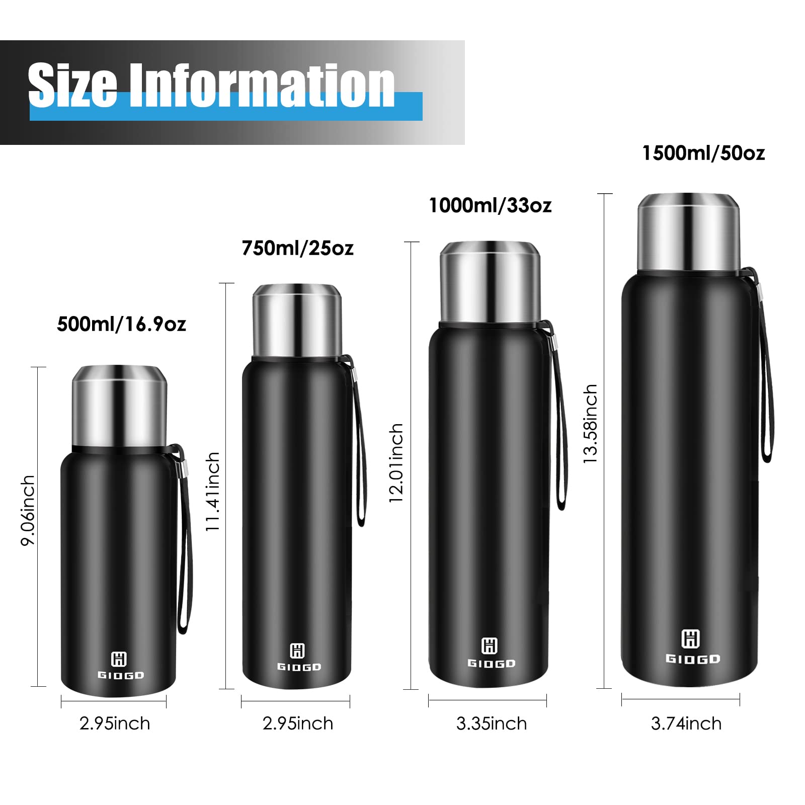 Insulated Vacuum Thermo Bottle 50Oz With Cup Lid Leakproof Stainless Water Flask For Coffee Hot And Cold Drink(Black,1500Ml)