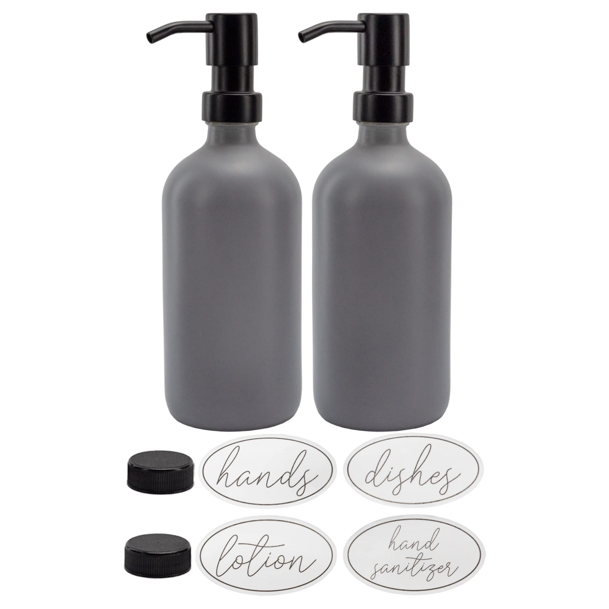 Darware 16Oz Glass Pump Bottles (Set Of 2, Gray W/Black); Soap Dispenser Pump Bottles With Brushed Metal Pump Tops
