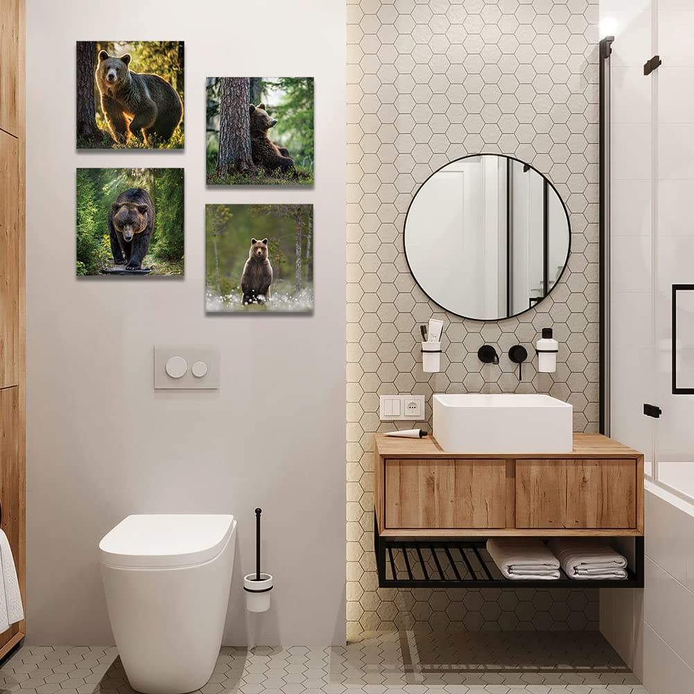 Otostar 4 Pieces Wall Art Canvas Prints - Forest And Bear Picture Painting - Modern Wall Artwork Framed For Gifts Bathroom Home