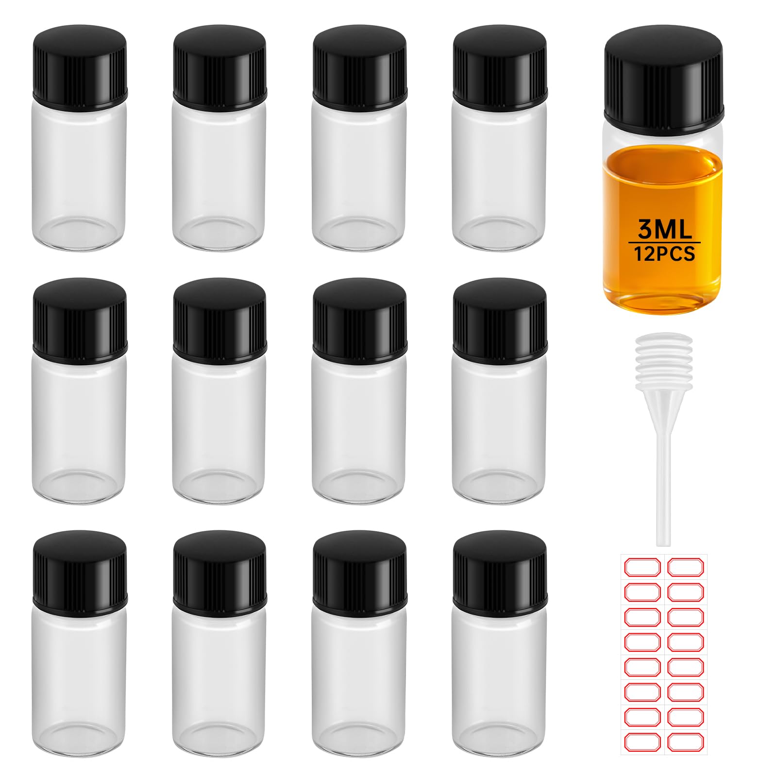 eispap 12Pcs 3ML Mini Glass Bottles Clear Essential Oil Vials Empty Cosmetic Sample Containers with Black Lid for Essential Oils