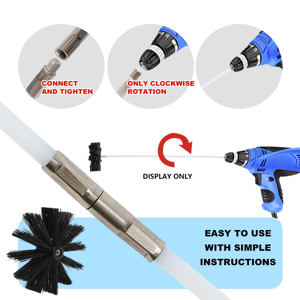 Particle Furnace Cleaning Brush, 4''/6'' Brush,Chimney Brush,Dryer Vent Cleaner Kit,Flexible Rods (15Pcsrods+1Pcs 4''+1Pcs 6'' B