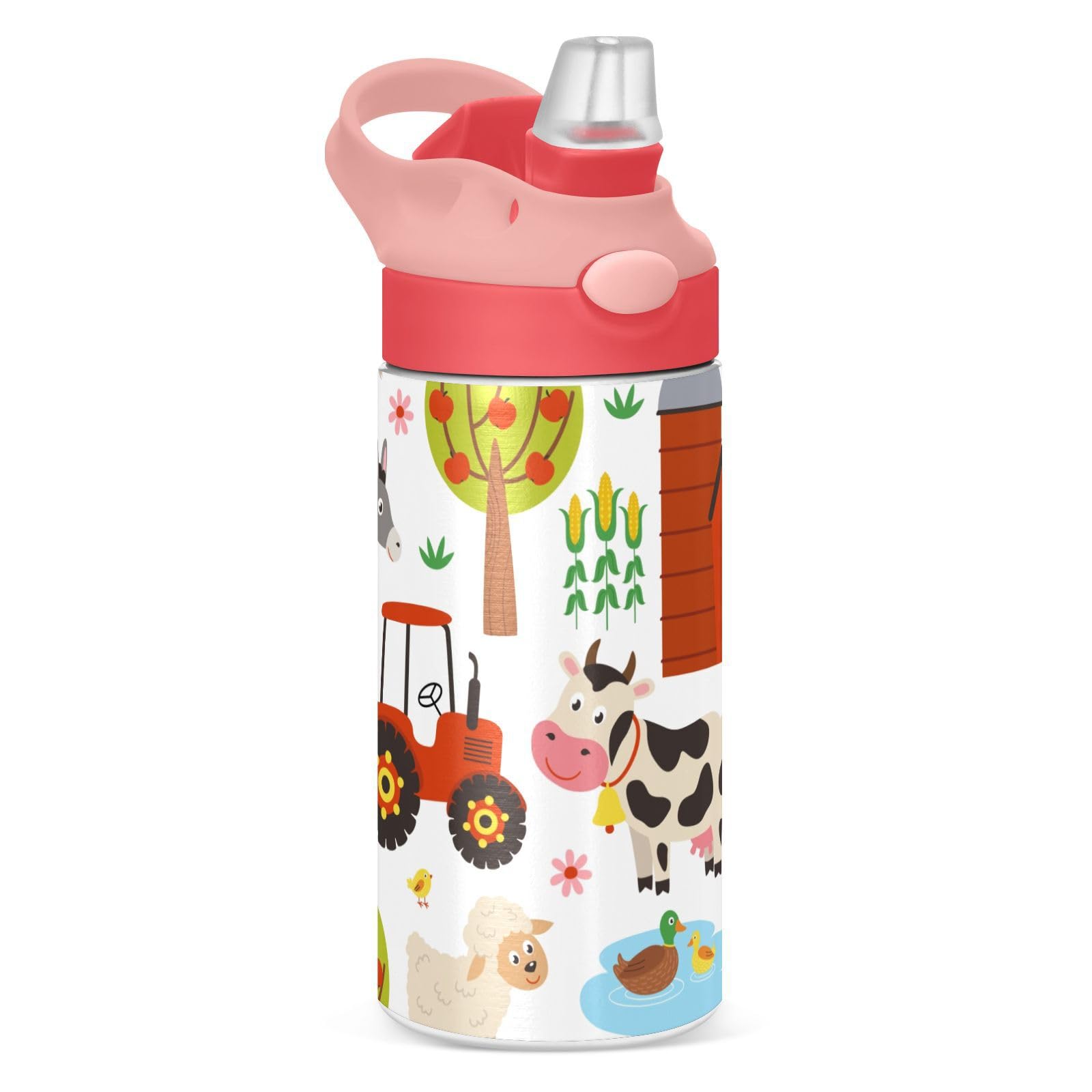 GOODOLD Farm Animals Kids Water Bottle, Insulated Stainless Steel Water Bottles with Straw Lid, 12 oz BPAFree Leakproof Duck Mo