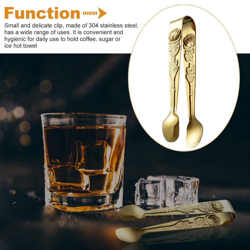 Mini Serving Tongs, 4Inch Rose Pattern Stainless Steel Sugar Cube Tongs, Sliver Small Ice Tongs For Tea And Coffee Party (Gold)
