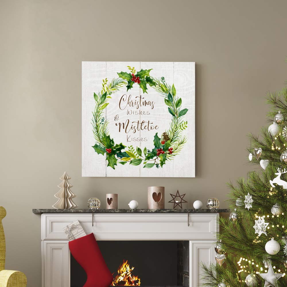 Renditions Gallery Christmas Wishes Wreath Wall Art  Cute Winter Artwork  Holly Leaves & Berries  Red & Green  Premium Gallery Wrapped Canvas Decor  Ready to Hang  24 in H x 24 in W  Made in America