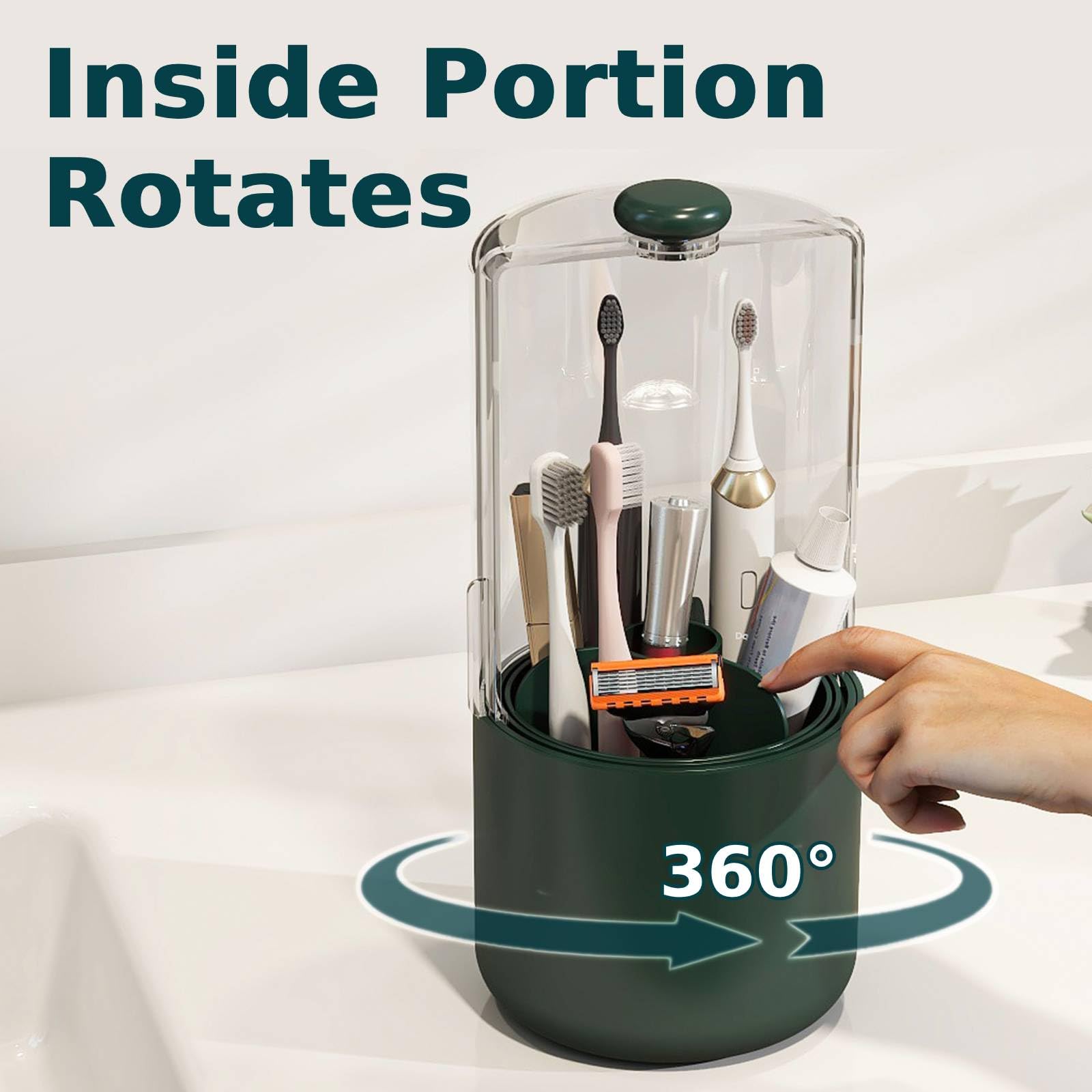 YOOLENS Toothbrush Holder with Cover 360 Rotating 4 Compartments Bathroom Toothpaste Electric Toothbrush Organizer, Dark Green