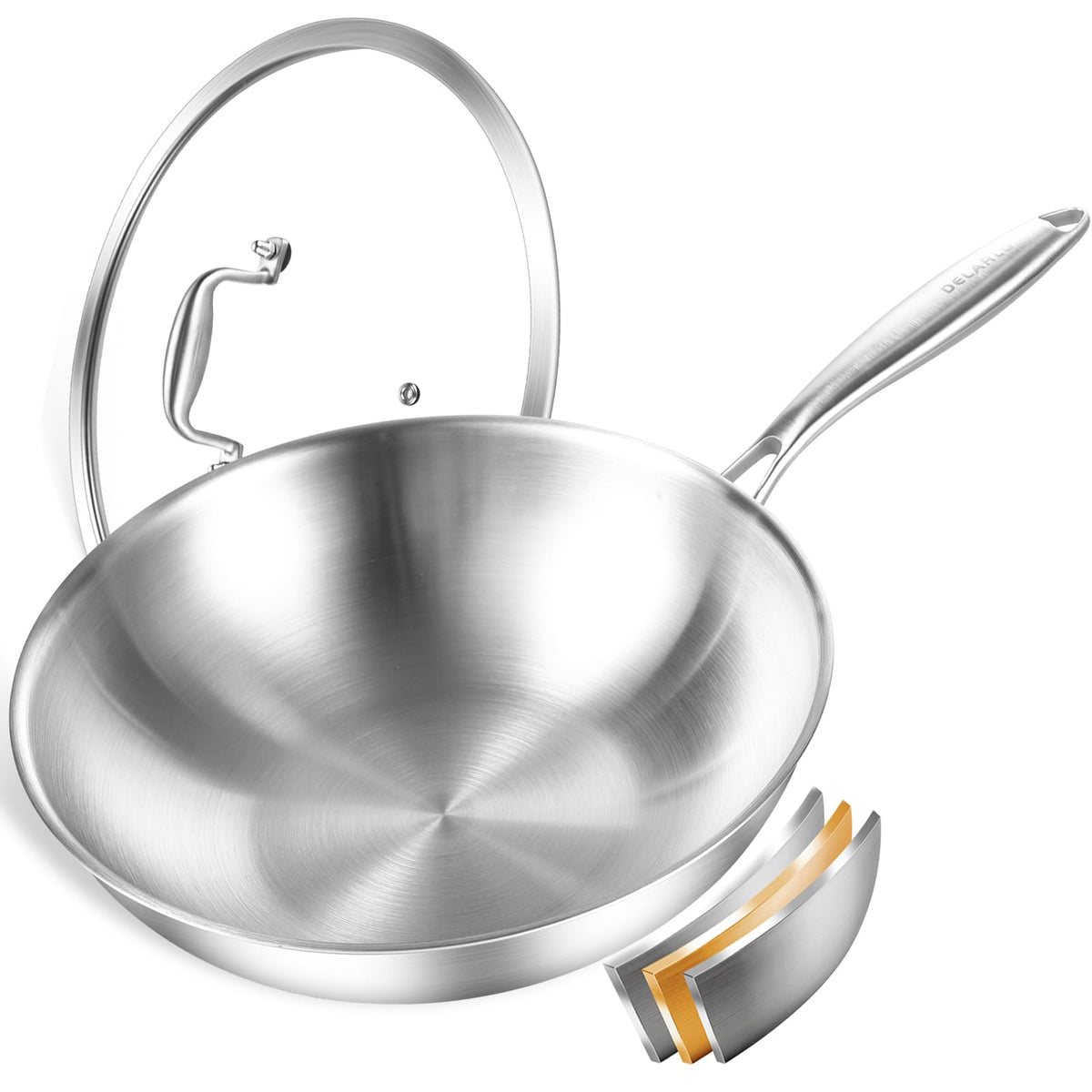 Delarlo Tri-Ply Stainless Steel Wok, 12.5 Inch Induction Wok, Flat Bottom Wok With Lid, Wok For Induction Cooktop, Wide And Deep
