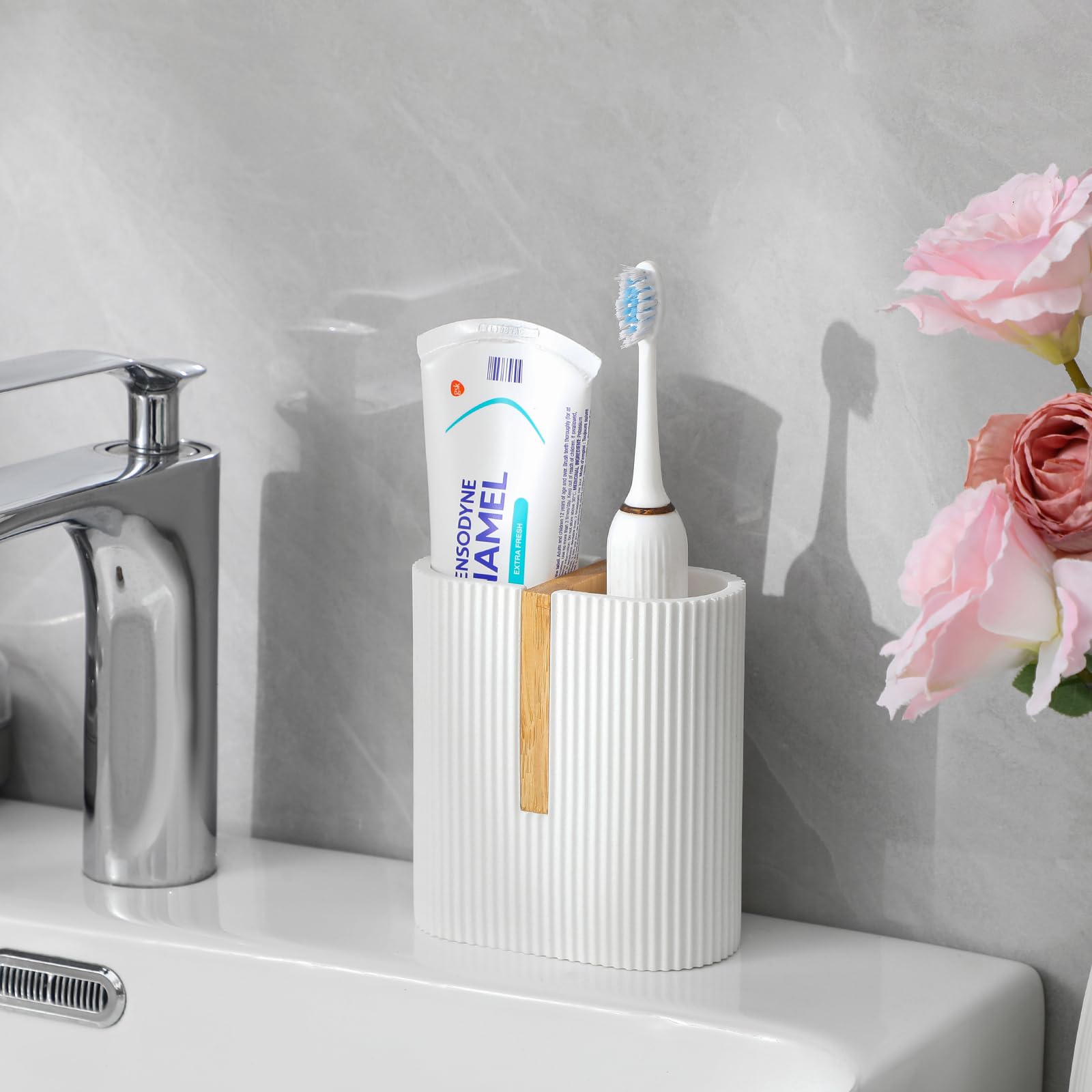 Rejomiik Matte White Toothbrush Holders Electric Toothbrush Holder For Bathrooms, Bamboo Tooth Brushing And Toothpaste Storage O