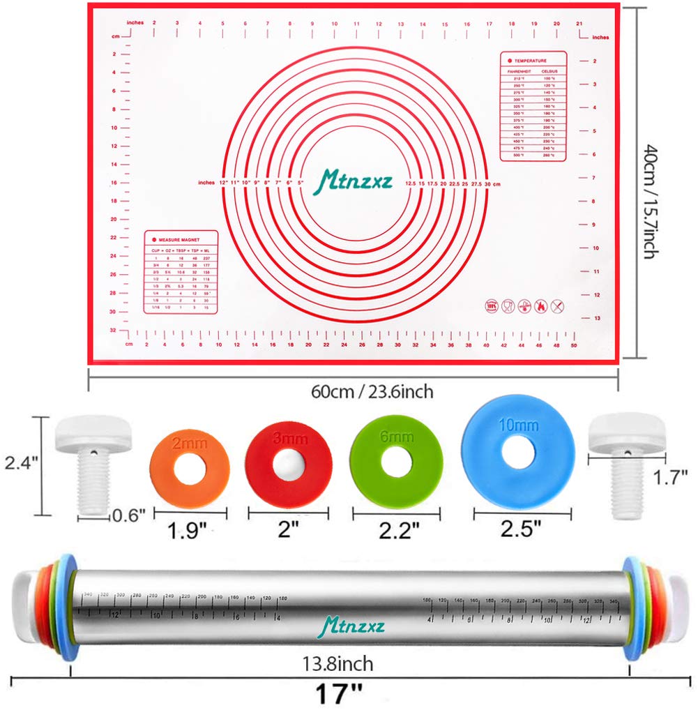 Rolling Pin And Silicone Baking Pastry Mat Set, Stainless Steel Dough Roller With Adjustable Thickness Rings, For Pizza, Pie, Pa