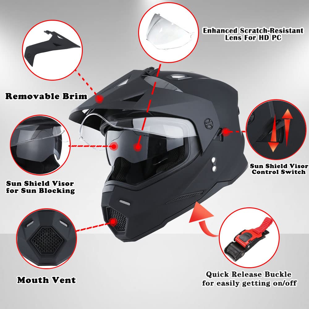 1Storm Dual Sport Motorcycle Motocross Off Road Full Face Helmet Dual Visor Matt Black, Size L