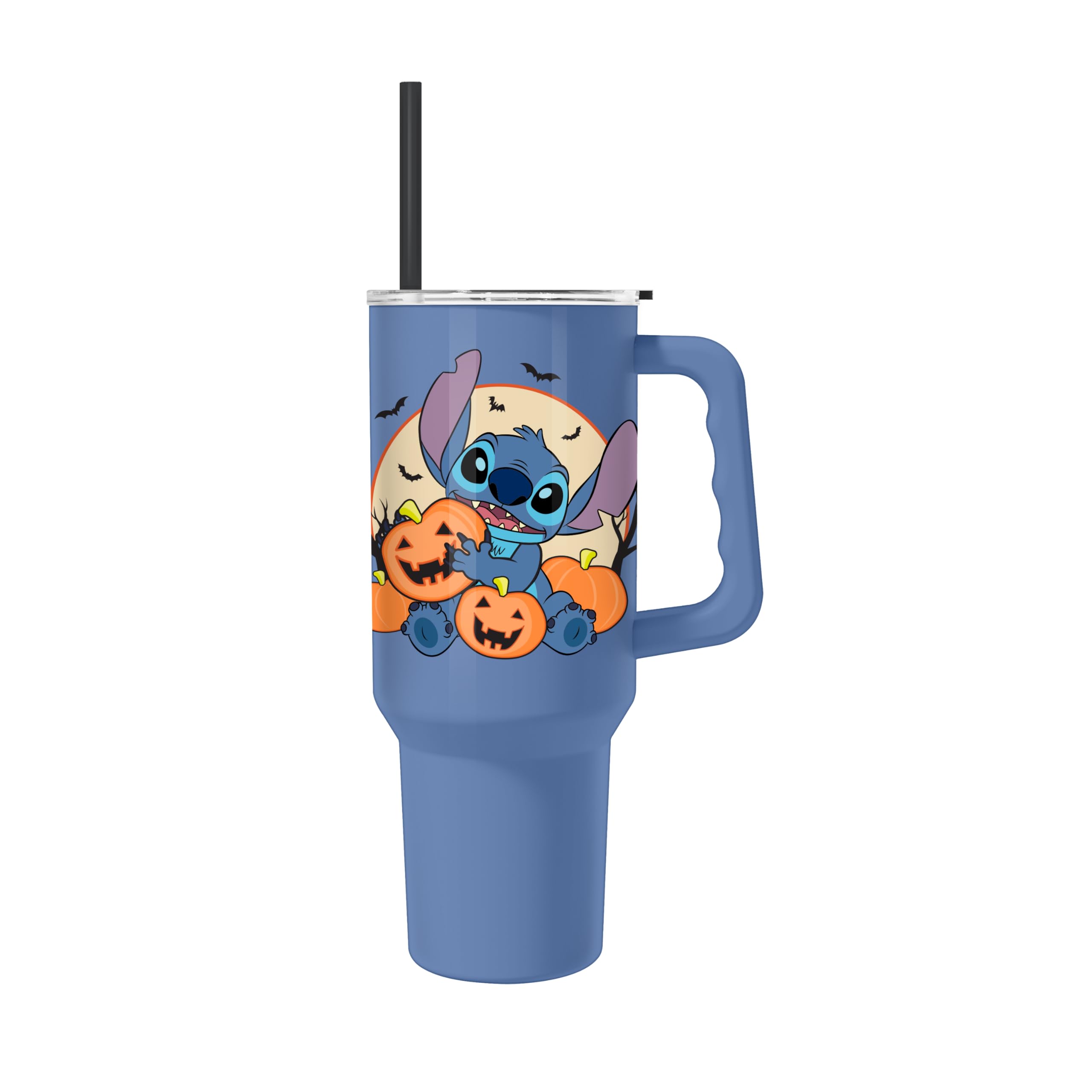 Silver Buffalo Disney Lilo And Stitch Halloween Spooky Pumpkin Jack-O-Lantern Stainless Steel Tumbler With Handle And Straw, Fit