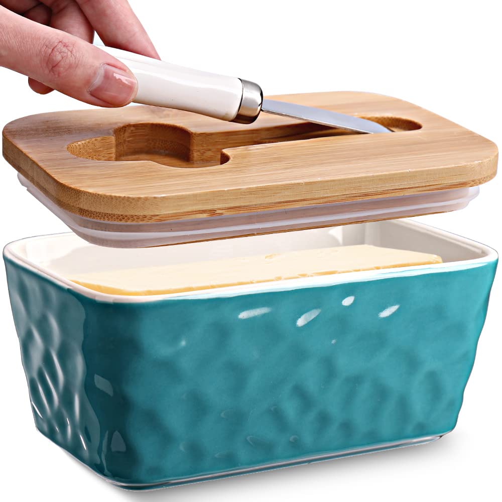 Stone Butter Dishes with Covers - Large Ceramic Butter Dish for Countertop - Double Silicone Seal - Green