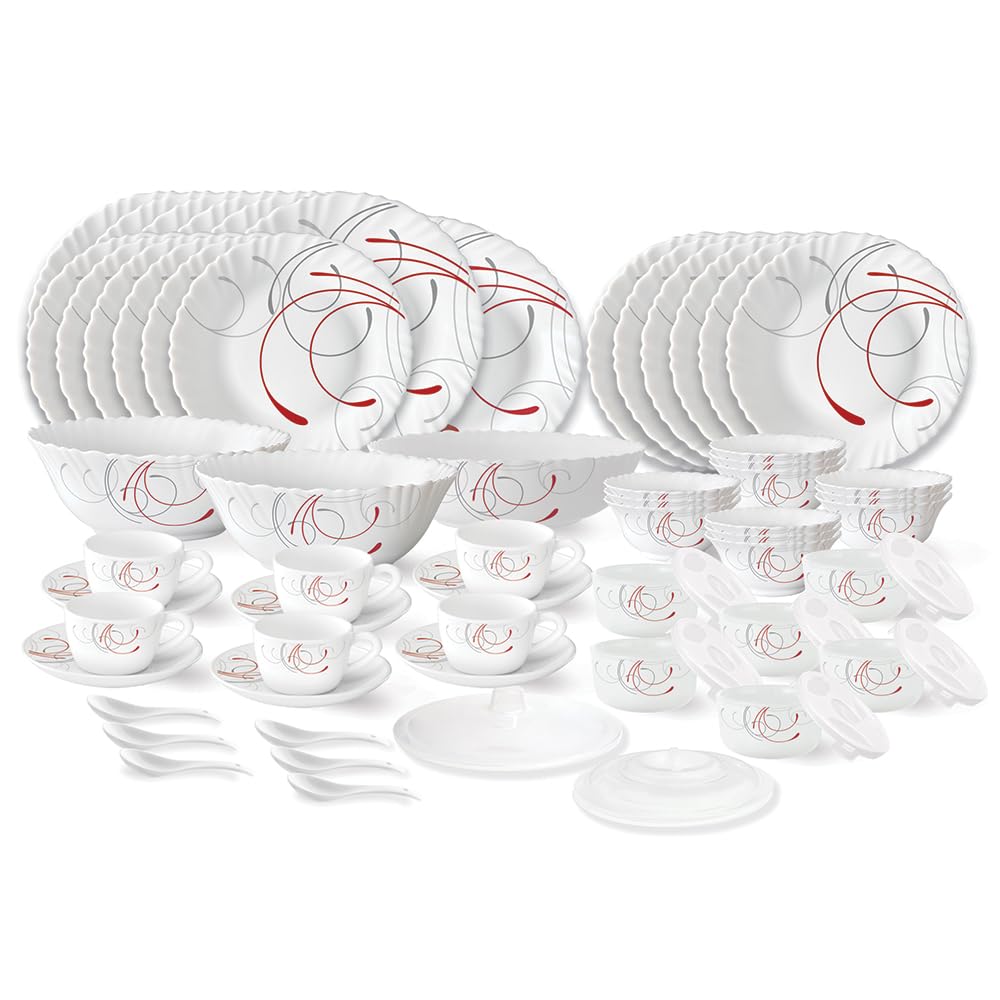 Larah By Borosil Boro Fluted Series Opalware Dinner Set | 66 Pieces For Family Of 6 | Microwave & Dishwasher Safe | BoneAsh Fre