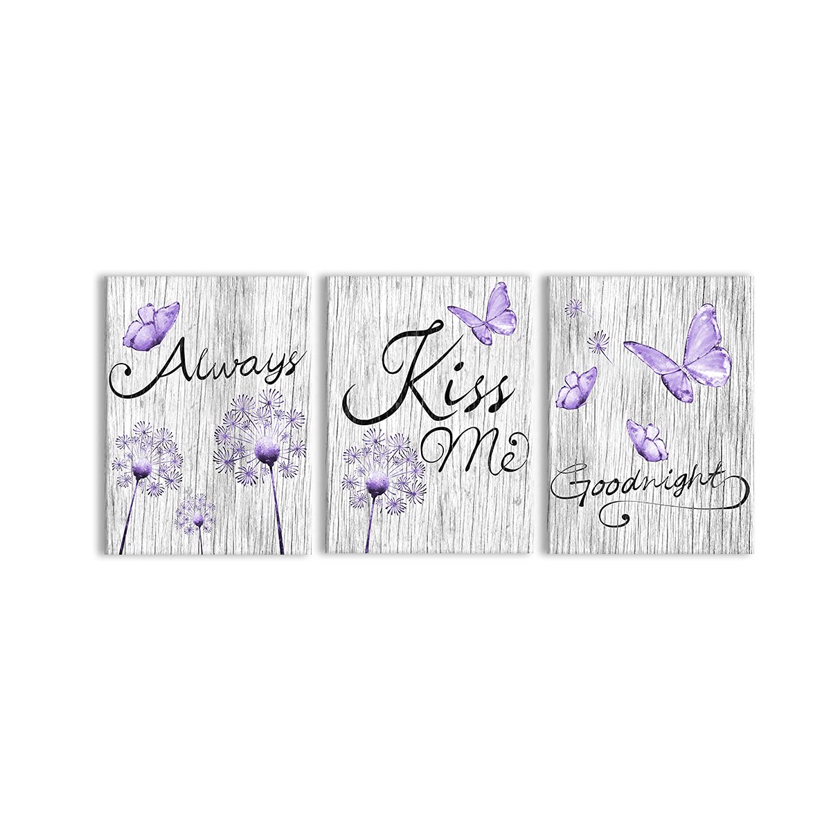Kalormore Purple Dandelion Butterfly With Always Kiss Me Goodnight Painting Rustic Grey Wooden Textured Lavender Giclee Canvas W