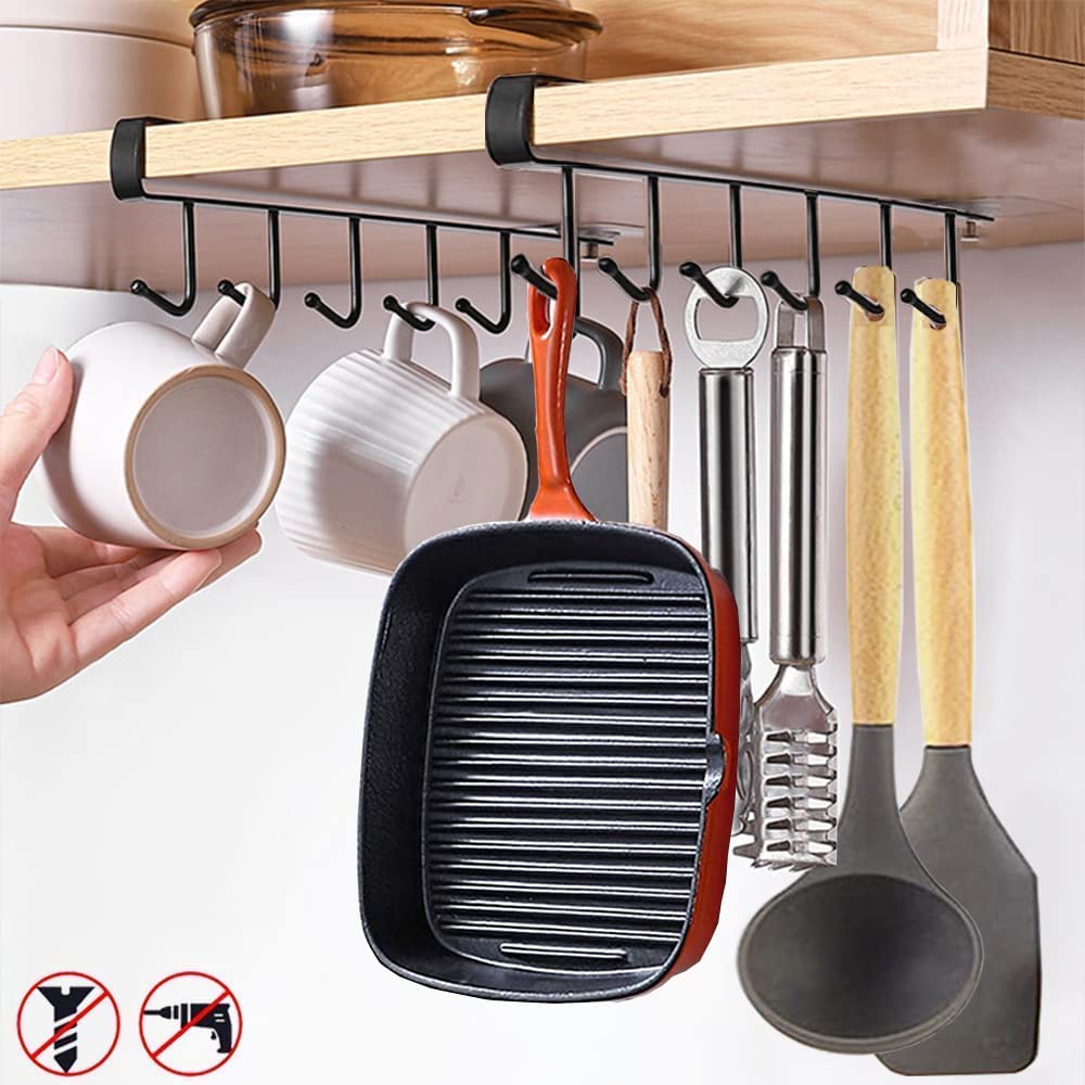 Unyks Star Metal 6 Hooks Under Shelf Cup Holder Multifunctional Kitchen Utensil Rack For Hanging (Black_Set Of 2)