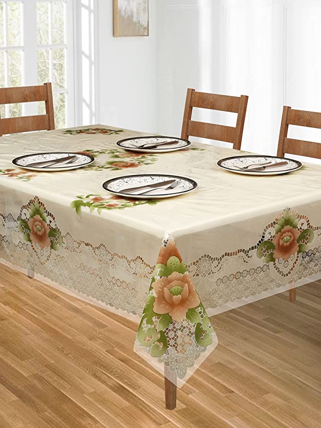 CASANEST Designer Transparent Floral 24 Seater 36x54 inch Center Table CoverCream printed001