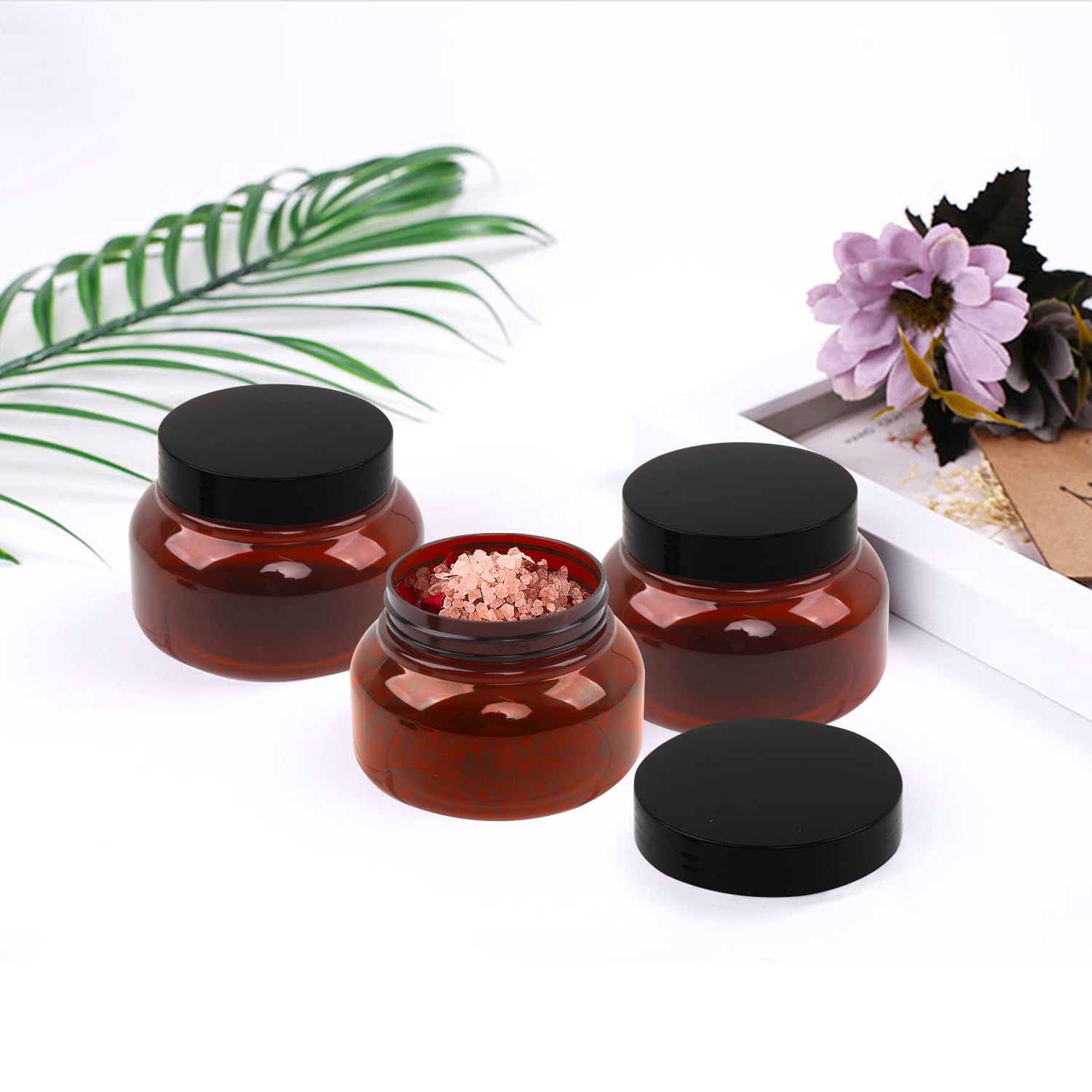 Amber Plastic Jars With Lids, 12 Pack Brown Body Scrub Jars Empty Refillable Containers Round Low Profile Samples Jars For Lotio
