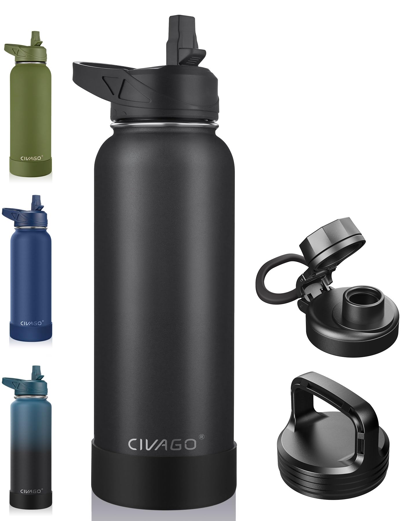 CIVAGO 40 oz Insulated Water Bottle With Straw  Stainless Steel Sports Water Cup Flask with 3 Lids (Straw  Spout and Handle Lid)  Double Walled Travel Thermo Canteen Mug  Midnight Black