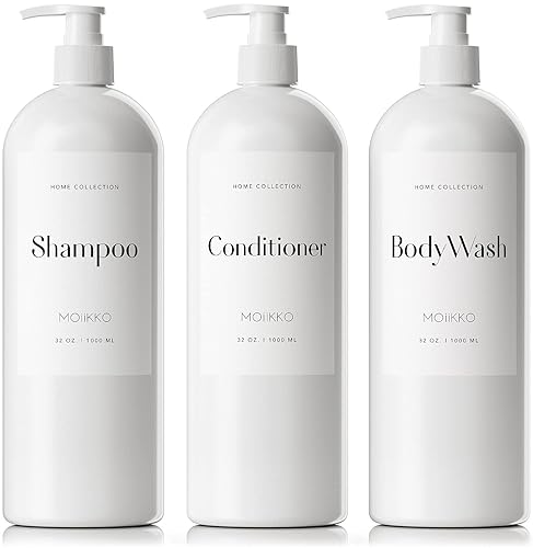 MOIIKKO 32oz Refillable Shampoo and Conditioner Dispenser Bottles - Set of 3 Empty Shampoo Conditioner Body Wash Dispenser with 8 Waterproof Labels
