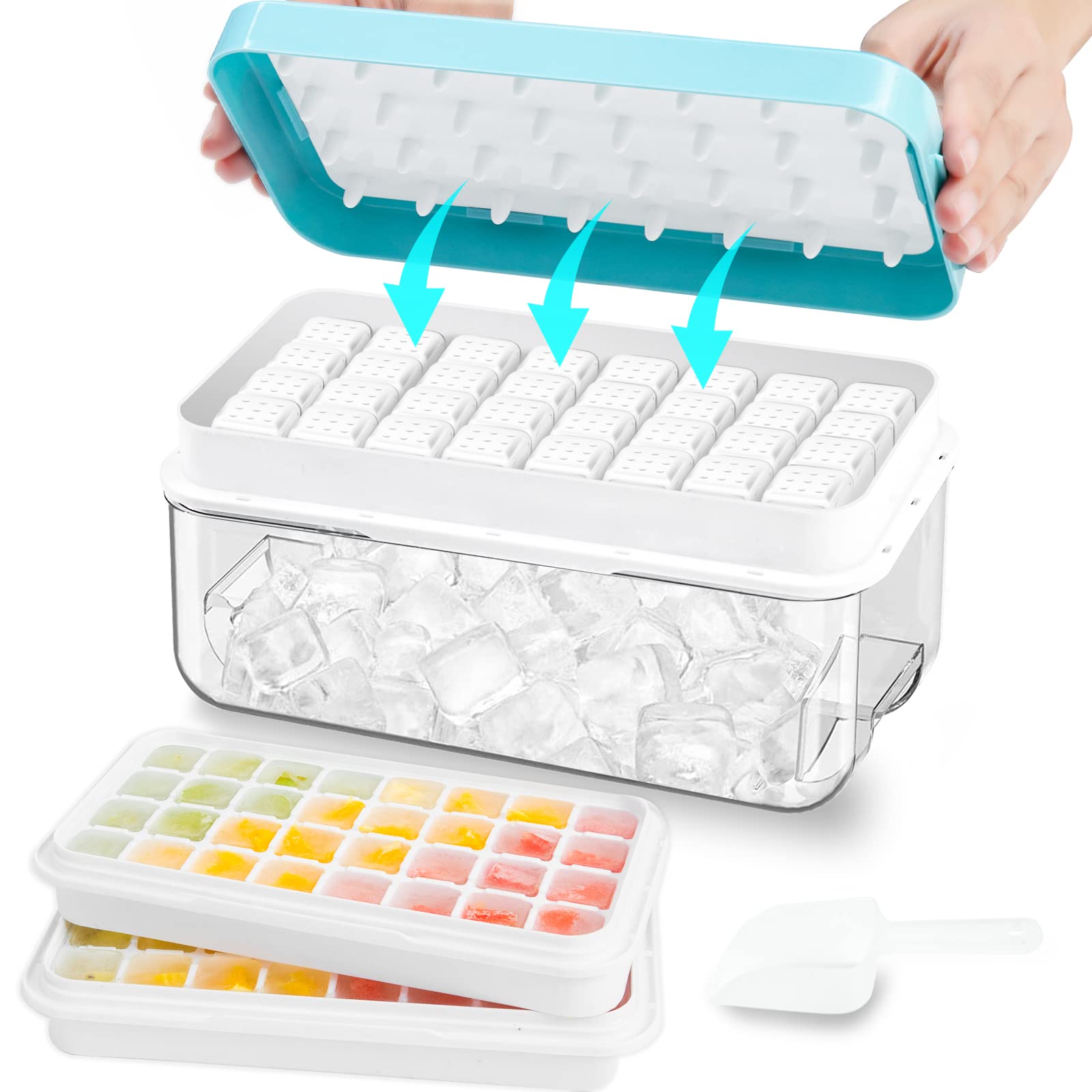 Zzwillb Ice Cube Tray, Ice Tray With Lid And Bin And Ice Scoop, Ice Cube Pop Out Tray, Ice Cube Trays For Freezer, Ice Cube Mold