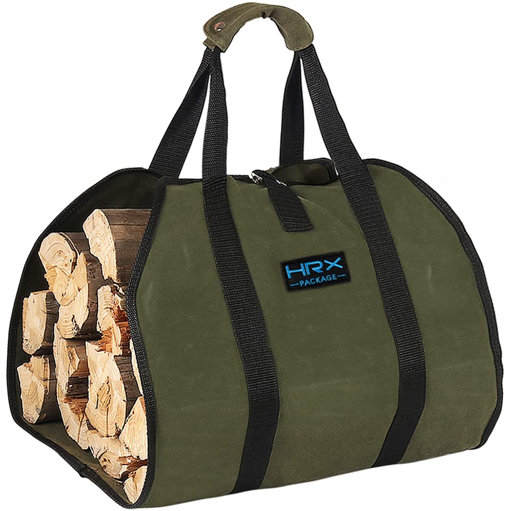 Hrx Package Waxed Canvas Firewood Bag Carrier, Water Resistant Log Tote Wood Carrying Bag With Handles For Camping Trip Christma