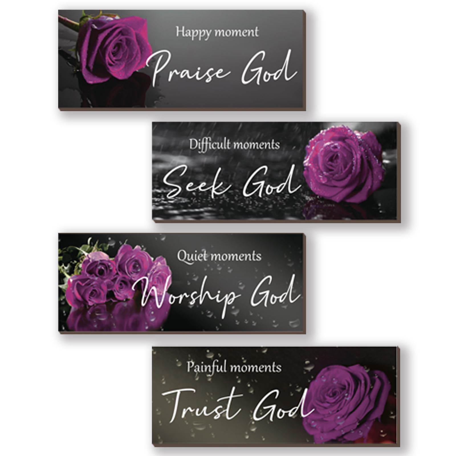 ONIZHITY 4pcs Purple Bathroom Decor Religious Wall Art Bible Verse Inspirational Rose Wall Decor Rustic Wooden Christian Sign fo