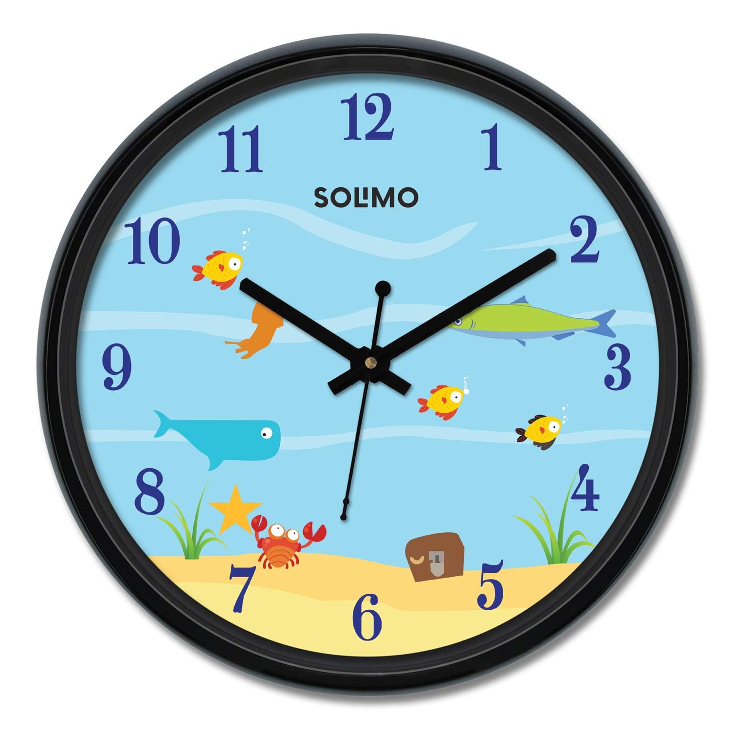 Amazon Brand - Solimo 12-Inch Plastic & Glass Wall Clock - Aqua Toon (Silent Movement), Black