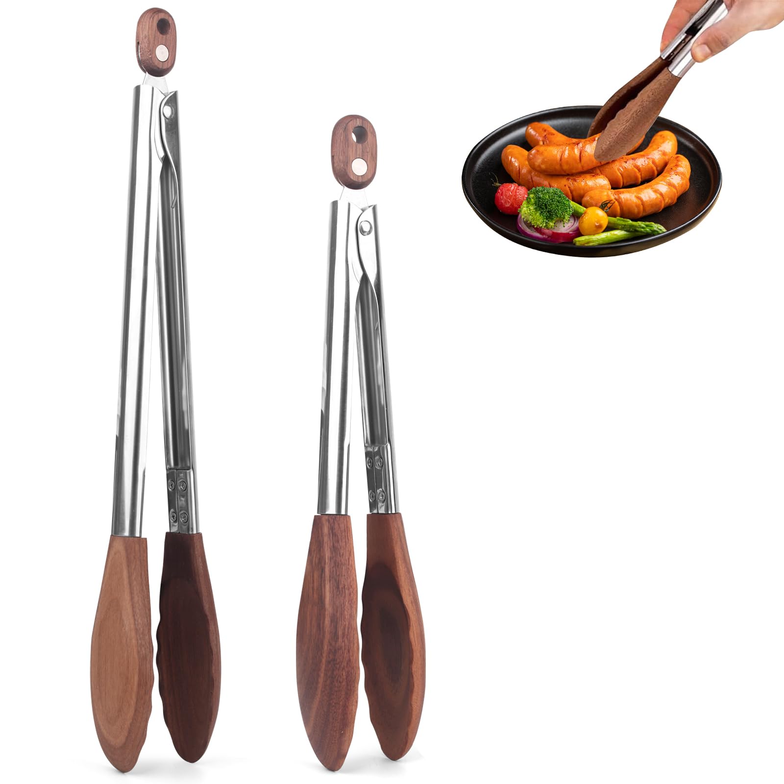2-pcsTongs for Cooking with Wooden Tips - Nonstick Cooking Tongs & Salad Tongs for Blooming Food,Cooking, BBQ and Tossing Salad 