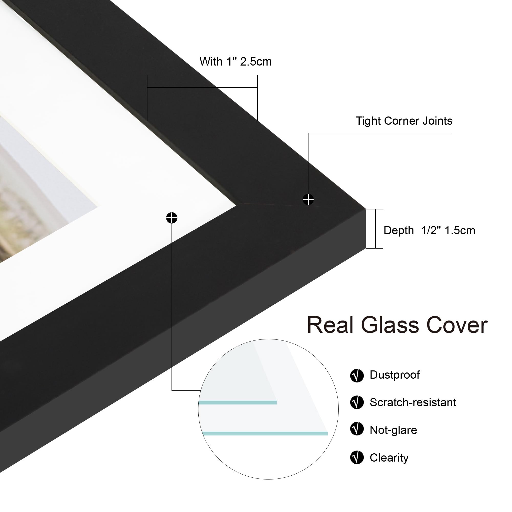 Hongkee 6x6 Picture Frame Set of 4, Made of Real Glass and Black Wooden Frame - Display Picture 4x4 with Mat or 6 x 6 Without Ma