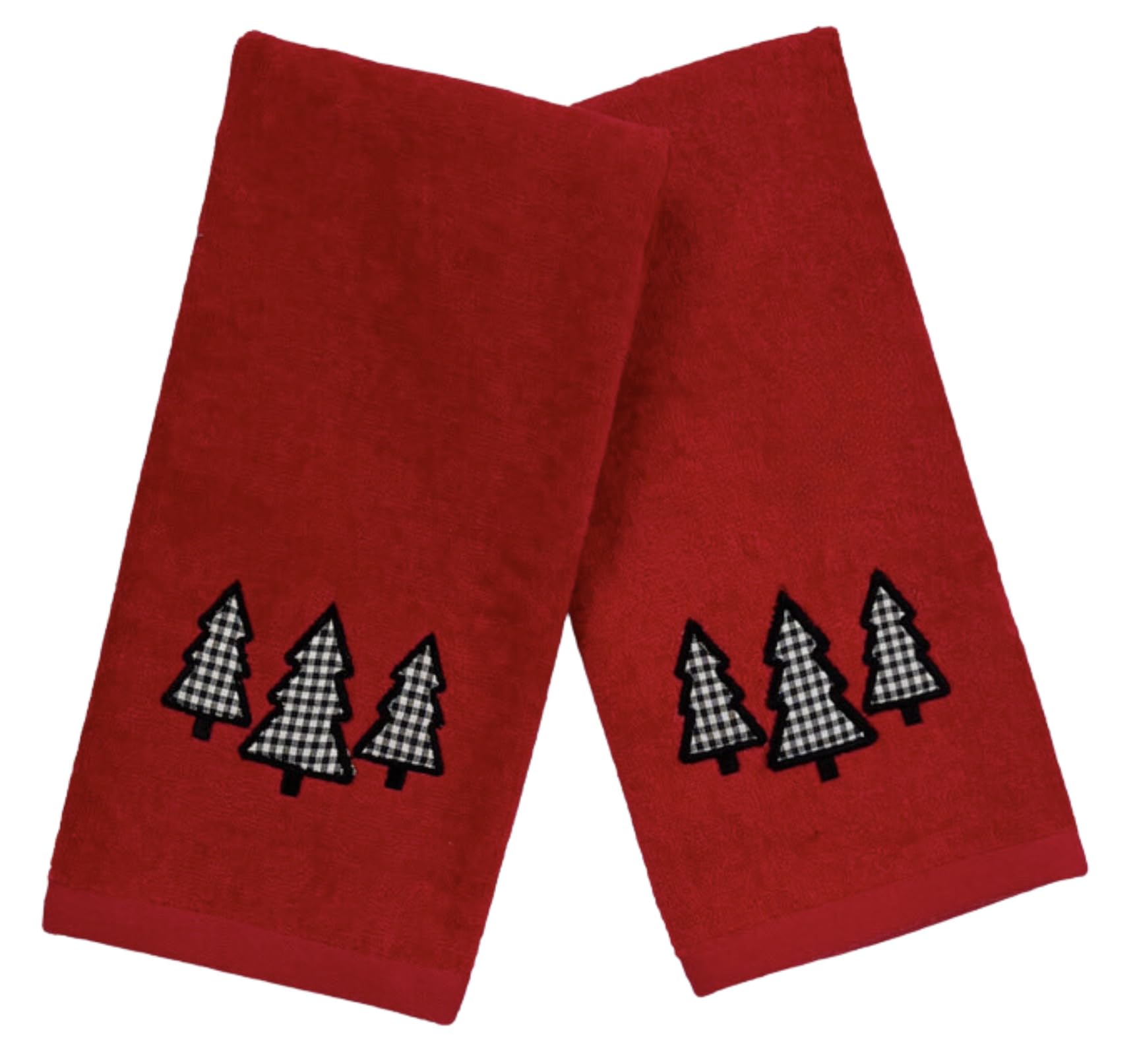 Serafina Home Holiday Christmas Guest Hand Towels: Country Farmhouse Red Terrycloth Towels With Check Tree Applique