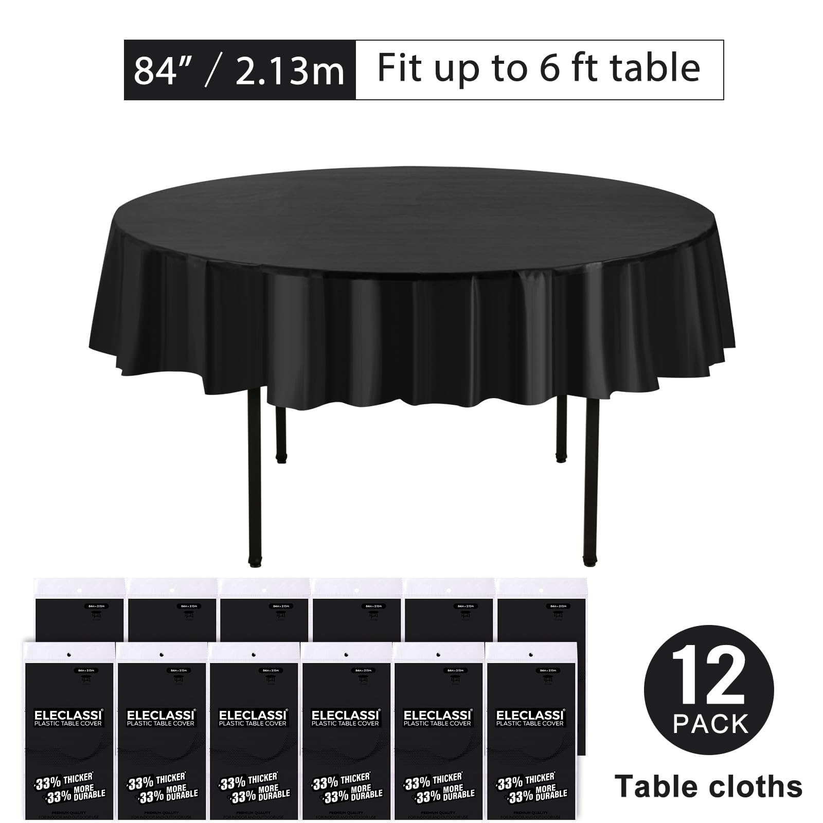 Eleclassi Black 12 Pack Premium Round Disposable Plastic Tablecloth - 84 Inch Round Plastic Table Cloths For Parties Disposable