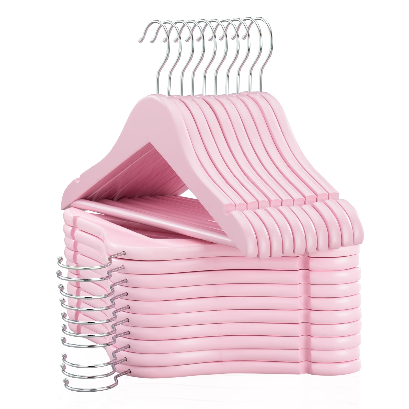 Fairyhaus Kids Wooden Hangers 20Pack Pink, 12.8 Inch Baby Wooden Hangers For Closet, Anti-Rust 360 Swivel Hook, Notches & Smooth