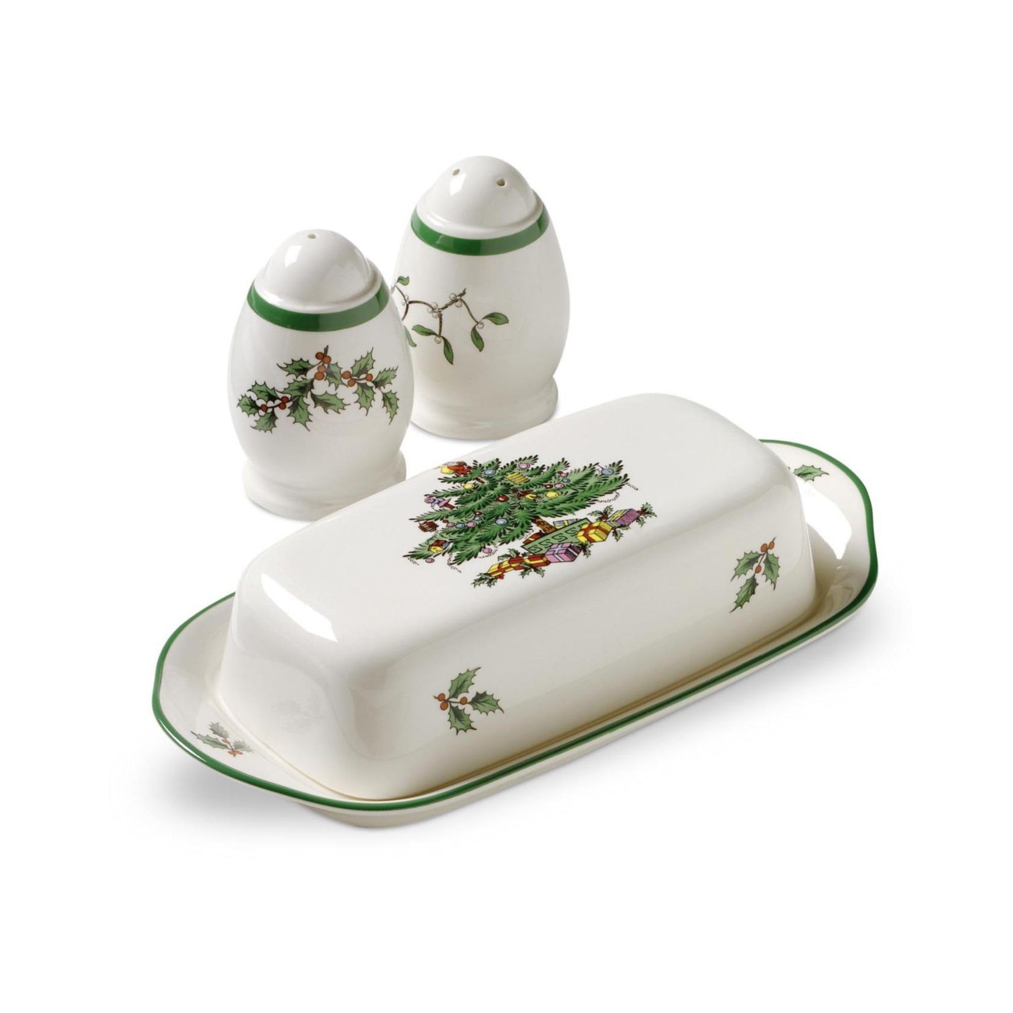 Spode Christmas Tree Hostess Set - 3-Piece Butter Dish, Salt & Pepper Shakers - 7.5" L, Multicolor, Model 1359477, Dishwasher Safe