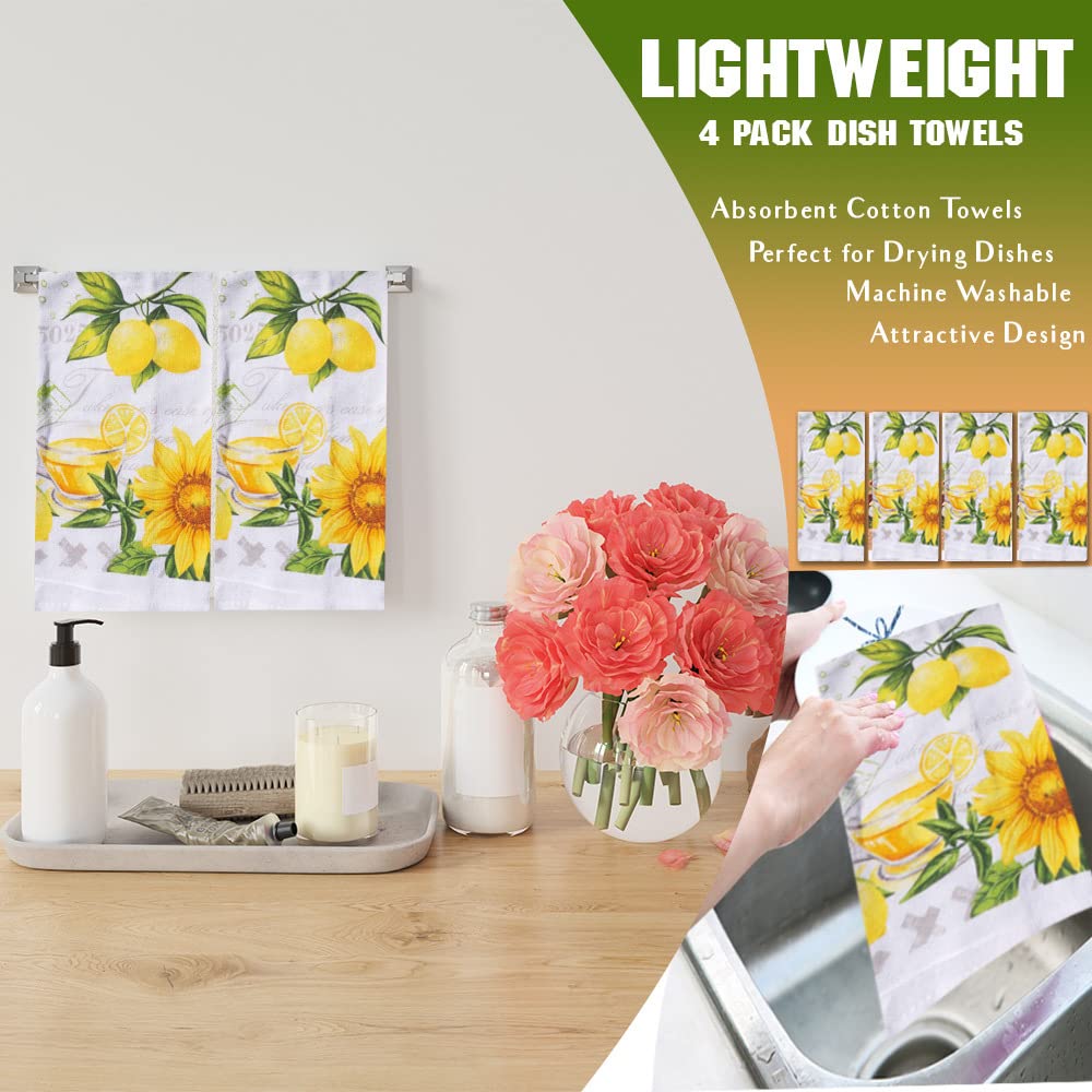 Lobyn Value Packs 4 Pack Absorbent Lightweight Kitchen Dish Towels 15X25 Cotton Poly (Lemon Flowers)