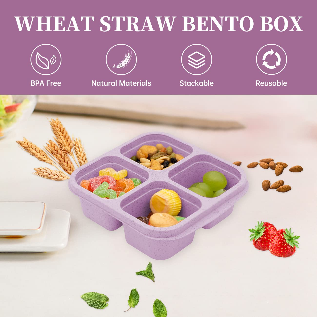Luriseminger 5 Pack Bento Lunch Box,4 Compartment Snack Containers,Divided Snack Box,Meal Prep Lunch Containers For Kids/Toddle/