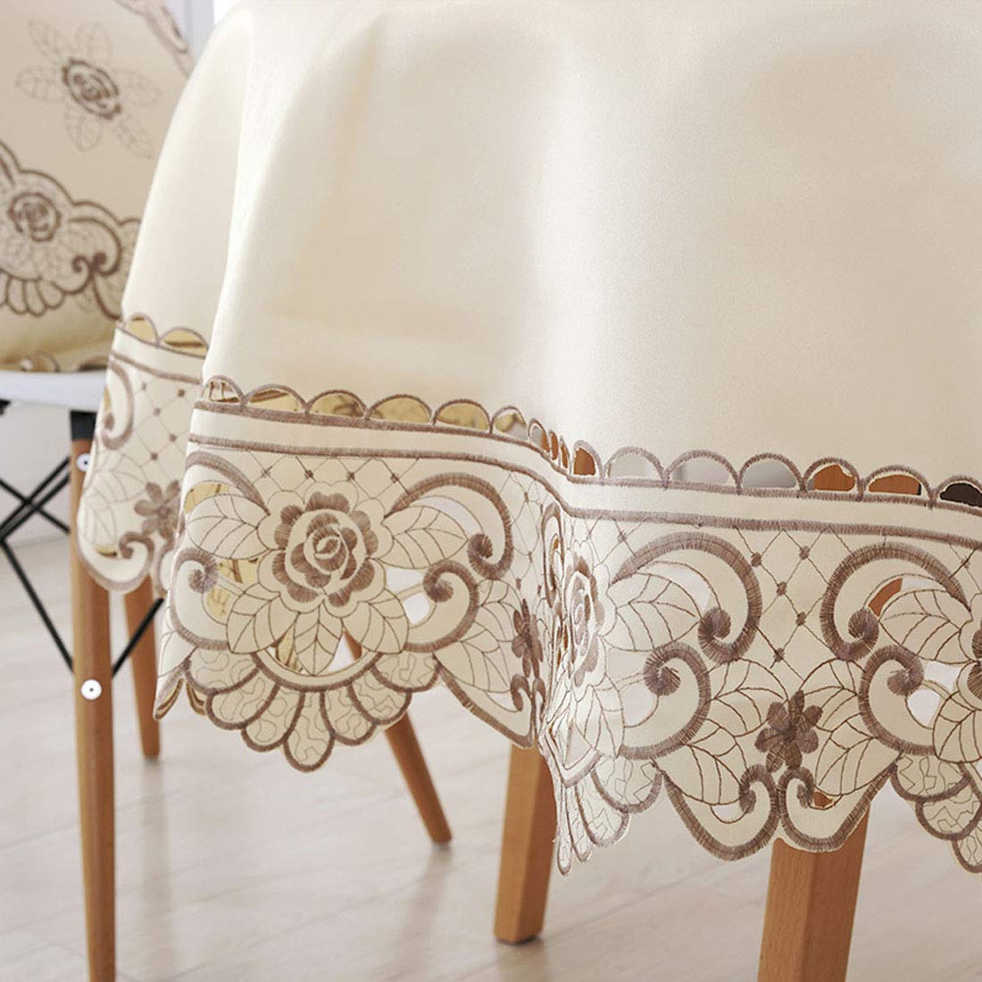 Lelehome 57'' Round Brown Flower Embroidered Beige Tablecloth, Classic Vintage Damask Lace White Table Cloth For Home Kitchen Re
