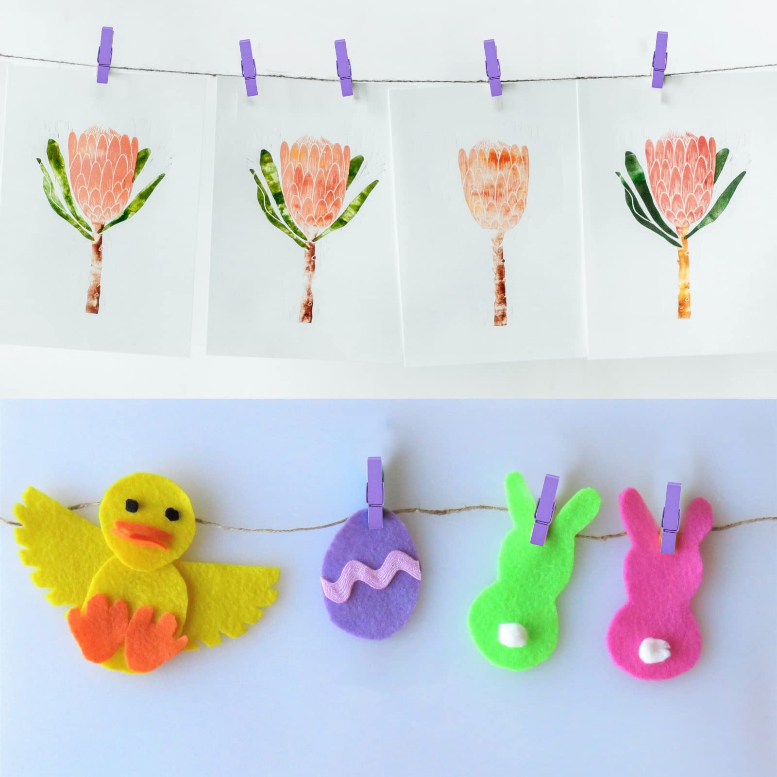 Bronagrand 50Pcs Purple Mini Wooden Pegs Pins Hardwood Photo Clips Clothespins Non Slip Laundry Pegs With 1 Roll Natural 50 M Ju