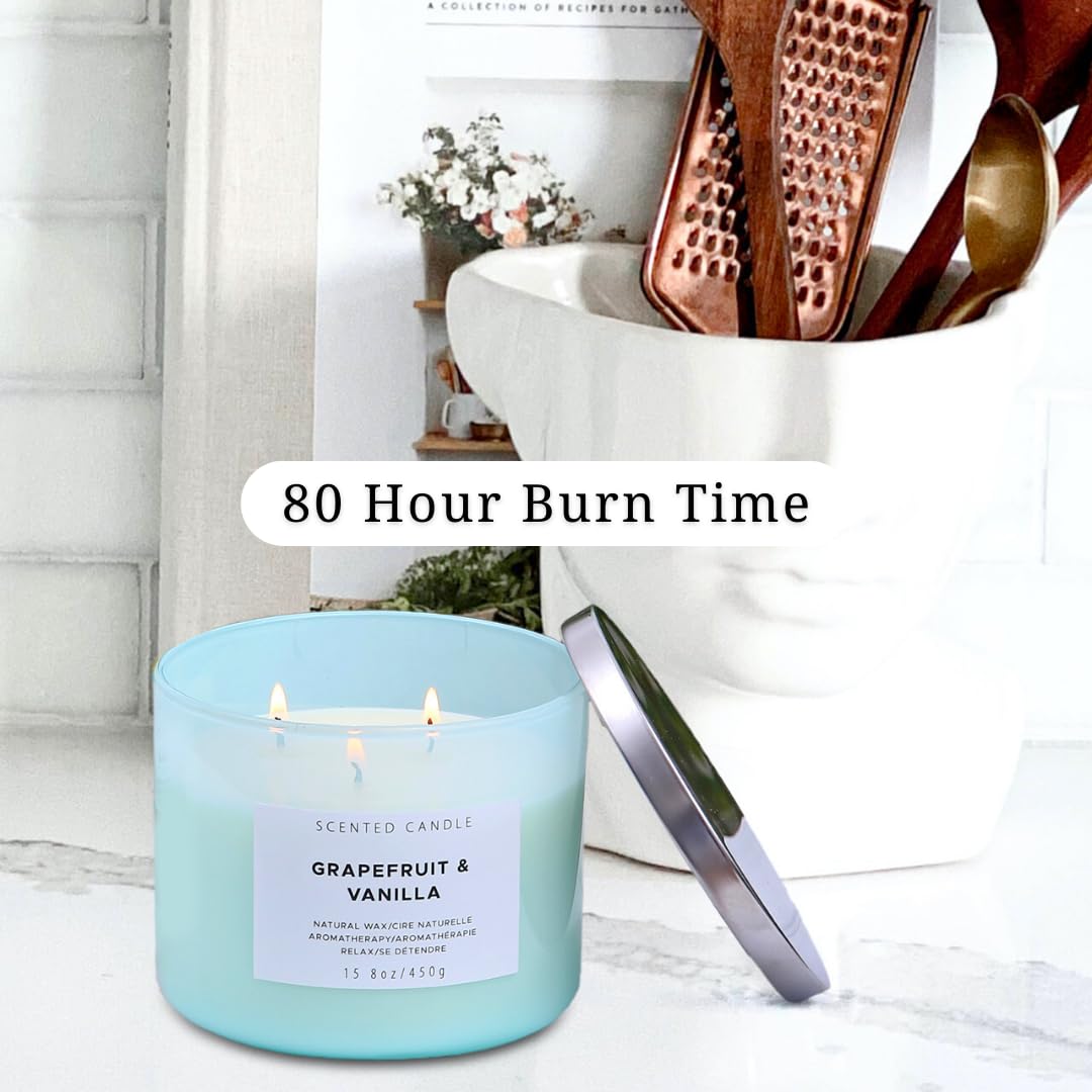 Large Grapefruit Vanilla Candle | Natural Soy 3 Wick Scented Candle for Home Relaxation 15.8 oz | Aromatherapy Stress Relief Can
