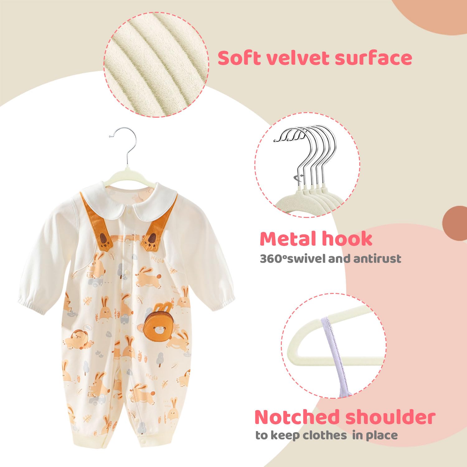 Mangotree 10.95'' Baby Velvet Hangers, Non-Slip Infant Coat Hangers, Ultra-Thin Toddler Felt Hangers With 360 Swivel Hook, Space