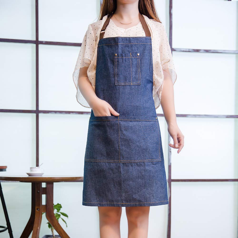 Yiswear Unisex Adjustable Multi-Pocket Denim Apron,For Chef, Kitchen, Bbq And Studio
