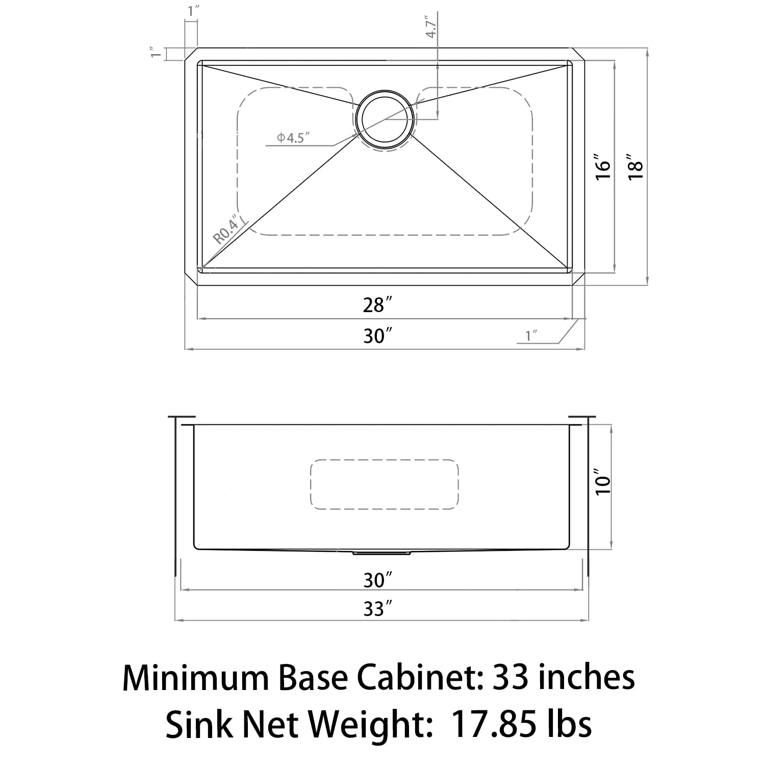 Sinber 30'' x 18'' x 10'' Undermount Single Bowl Kitchen Sink with 18 Gauge 304 Stainless Steel Satin Finish HU3018S