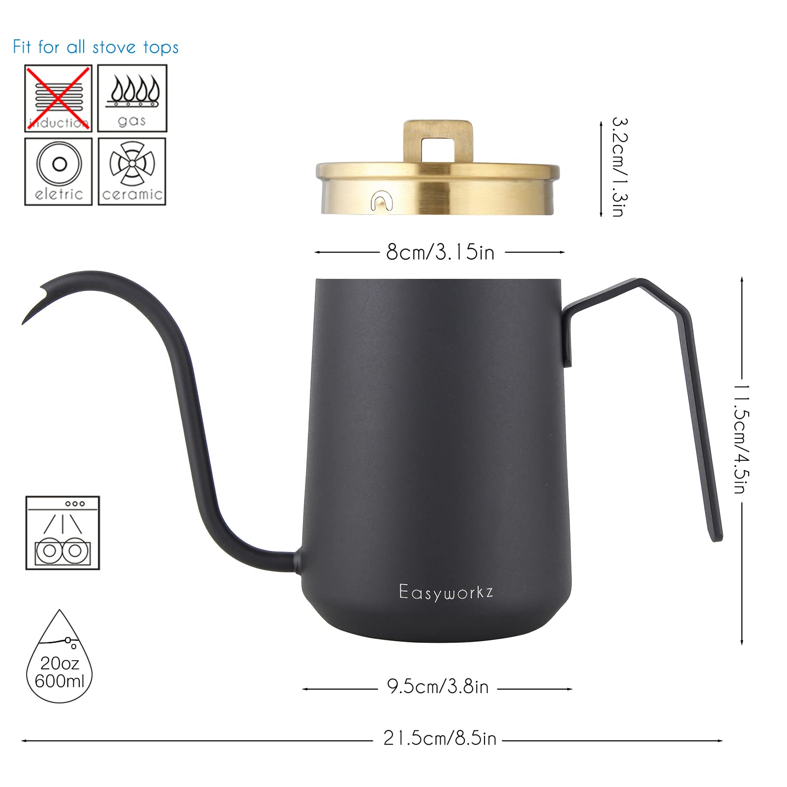 Easyworkz Gooseneck Pour Over Coffee Kettle 20 Oz Stainless Steel Hand Drip Coffee Pot With Long Narrow Spout, Brass Gold Black