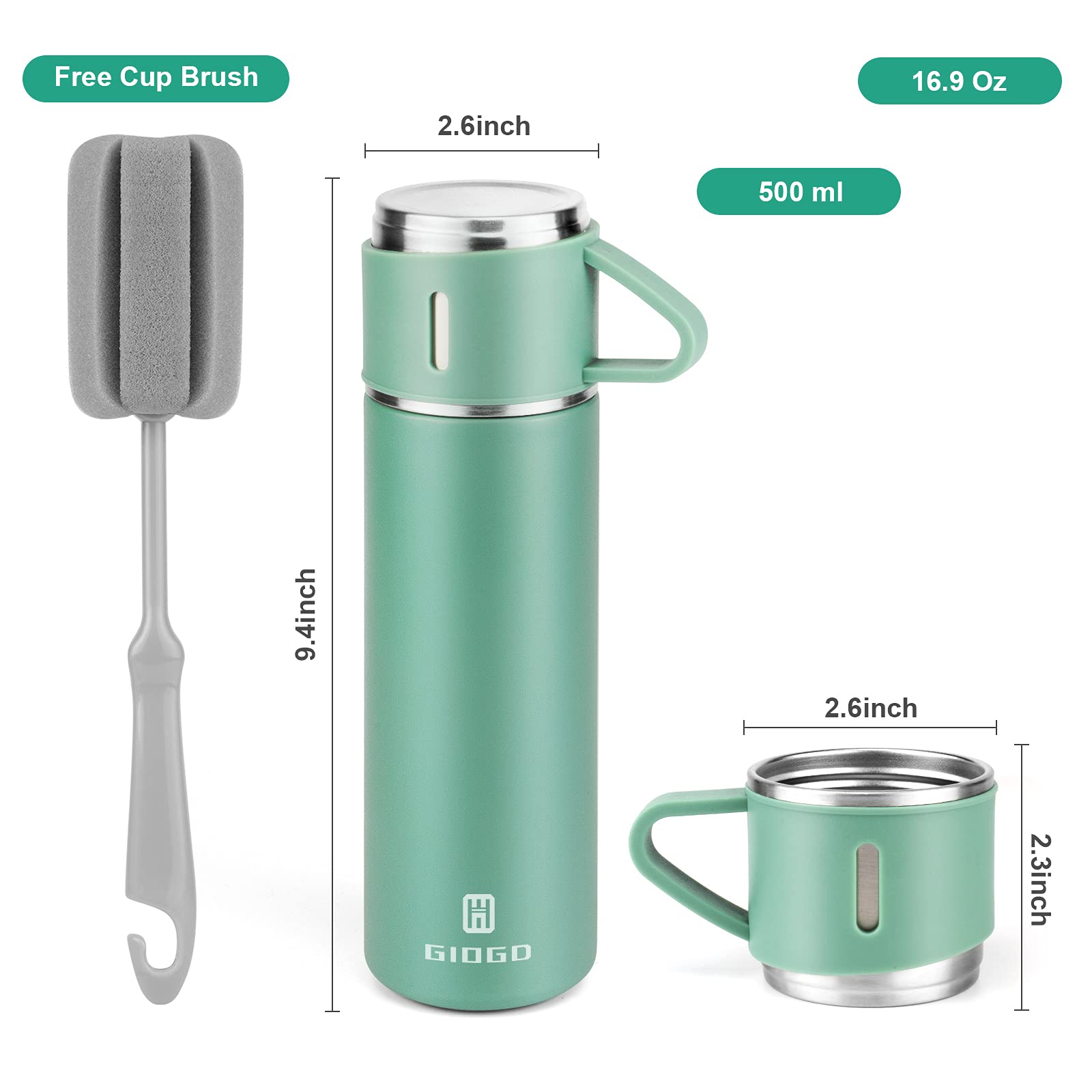 Stainless Steel Thermo 500Ml/16.9Oz Vacuum Insulated Bottle With Cup For Coffee Hot Drink And Cold Drink Water Flask.(Green,Sing