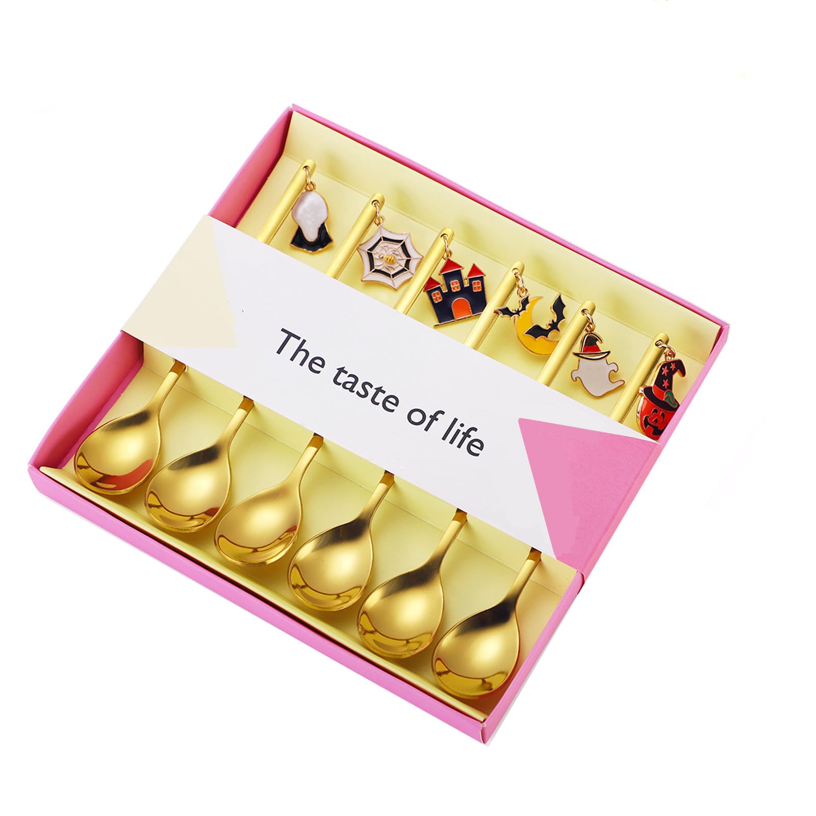 Acewen 6Pcs Halloween Coffee Spoons With Pumpkin Ghost Bat Spider Web Hanging Pendants Stainless Steel Spoons For Soup Milk Stir